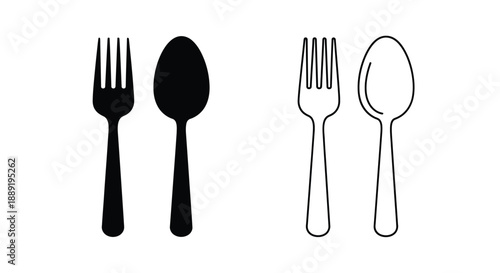 Simple black and white illustration of forks and spoons in pairs