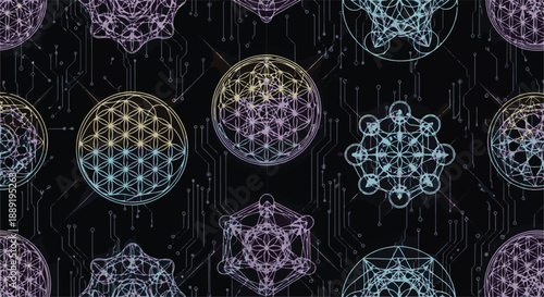 A futuristic digital landscape featuring spherical and geometric shapes in pastel hues against a dark background, viewed from a straight-on perspective.