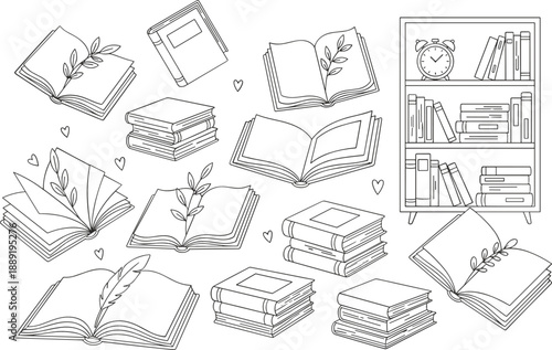 Hand drawn book and library outline icons set with open books, stacks, bookshelf, and reading decoration elements
