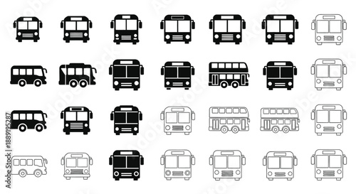 Collection of various bus icons in black and white arranged in rows