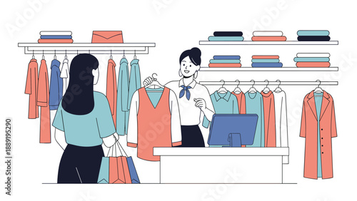 Young woman shopping for clothes and choosing a red dress with the help of a store clerk at a checkout counter in a fashion boutique.