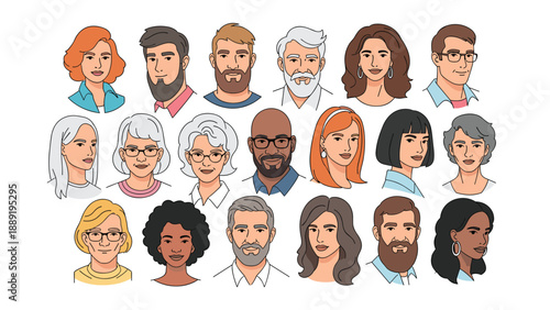 Grid of diverse human faces representing different ethnicities, ages, genders, and styles for a global community or demographic concept.