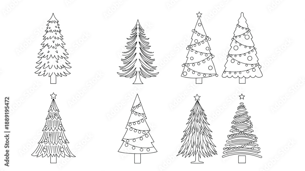 Obraz premium Various styles of christmas tree outlines including decorated versions with ornaments and stars for holiday cards or winter festive designs.