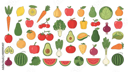 Large grid of various fresh fruits and vegetables including apples, carrots, tomatoes, watermelons, and leafy greens for healthy eating.