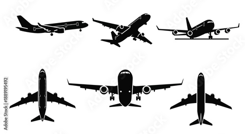 Six black silhouettes of commercial airplanes in various flight positions
