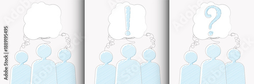  Group of people question and solution, thoughts, groupthink, team building icons. Advertising layout, sheets, web, social media, web, greeting cards background, banner, flyer.