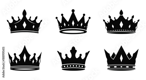A collection of six black silhouettes depicting ornate royal crowns