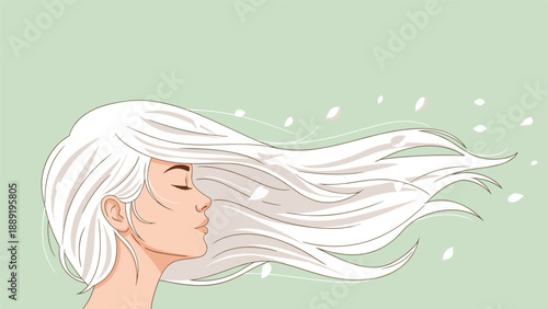 Side profile of a serene woman with long white hair blowing in the wind surrounded by delicate floating petals on a soft green background.