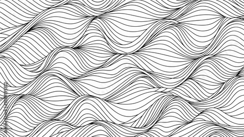 Abstract black and white pattern of flowing wavy lines creates a rhythmic and hypnotic texture across the entire frame of the illustration.