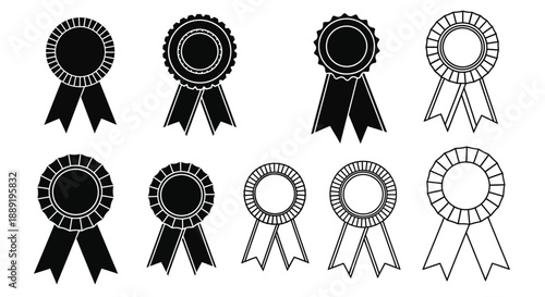 Collection of black and white ribbon award badges in various designs