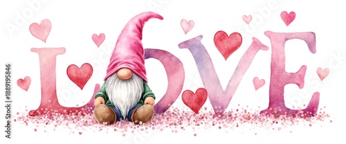 Watercolor gnome with pink hat sitting among LOVE letters and hearts on white background. Valentine's Day card