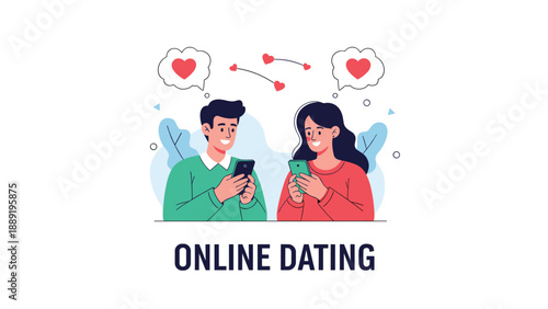 Online dating concept illustration shows a young man and woman smiling while interacting with their mobile phones under floating hearts.