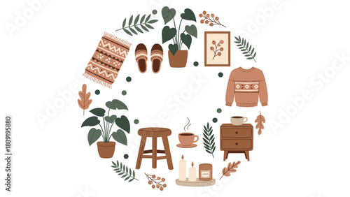 Assorted cozy lifestyle items like plants, slippers, and coffee are arranged in a circular wreath design to represent the hygge concept.