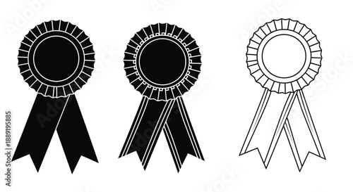 Three rosette award ribbons in varying color schemes are displayed