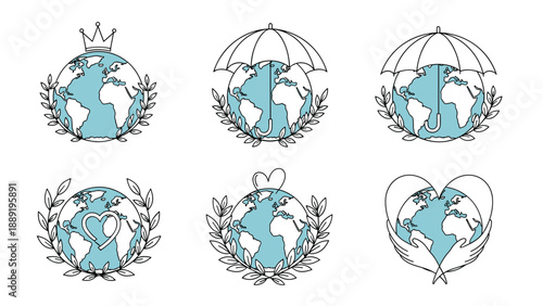 Collection of different Earth globe emblems featuring laurel wreaths and heart shapes to promote world peace and environmental awareness concepts.