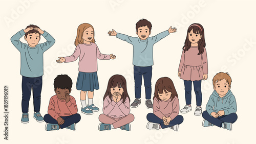 Set of several children expressing different emotions and poses while sitting or standing against a plain light background for educational use.