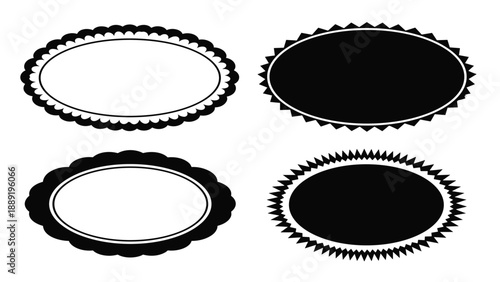 Set of four oval labels and frames with scalloped and spiked edges are presented in black and white styles for decorative design use.