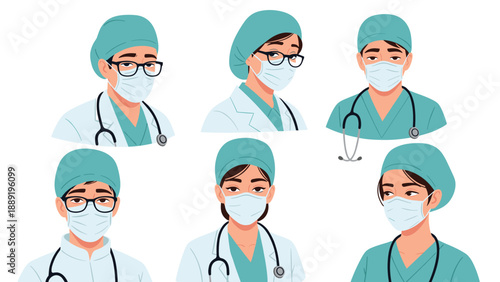 Portraits of medical professionals wearing surgical masks, caps, and scrubs are shown in various poses to represent healthcare workers.