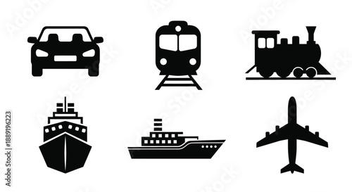 Black silhouette icons depicting various modes of transportation car train ship and plane