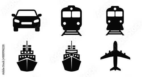 Black silhouette icons depicting various modes of transportation car train ship and plane