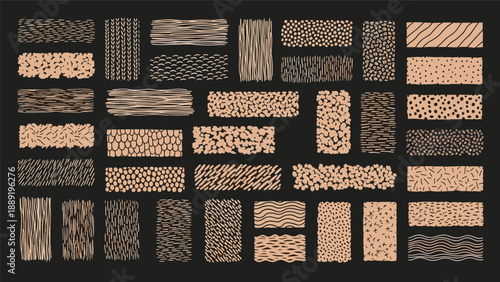 Grid of various hand-drawn textures and patterns in rectangular blocks features different linework and dots in a peach and black palette.