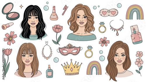 Assorted beauty and fashion accessories for girls featuring four diverse faces with different hairstyles and various makeup and jewelry items.
