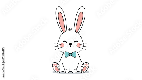 Cute white bunny rabbit with rosy cheeks and a light blue bow tie is sitting in a friendly and happy pose on a clean white background.