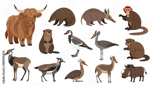 Collection of diverse wild animals including highland cattle, pangolins, and primates shown together on a clean white background.