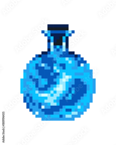 Round glass flask. Potion bottle in pixel art style. Shimmering light like fireflies. Cool aqua, pastel mint, cyan and deep blue. Glowing liquid. Vector icon for medieval-style fantasy RPG games. 