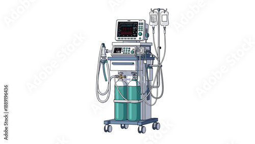 Advanced medical anesthesia workstation with patient monitoring screens and gas cylinders used in hospital operating rooms.