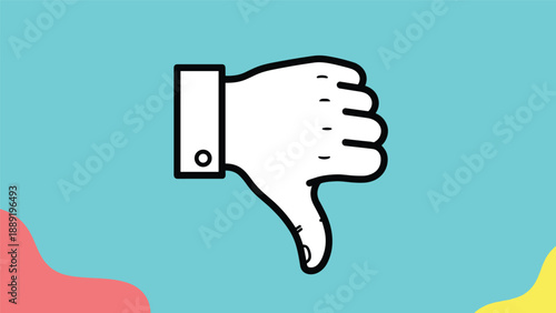 Simple black and white line art illustration of a hand gesture showing a thumbs down symbol over a colorful modern background.