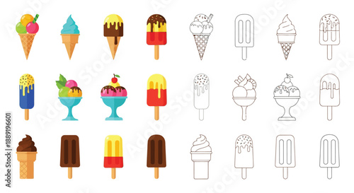 Collection of various ice cream and popsicle line art illustrations