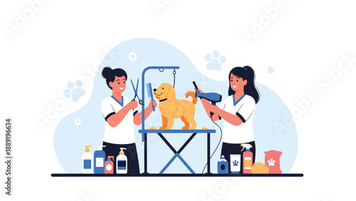 Two professional pet groomers carefully washing and drying a golden retriever dog inside a modern and clean grooming salon.