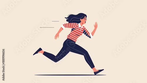 Energetic young woman in a striped shirt and glasses running fast toward a goal with a sense of urgency and determination.