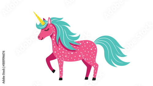 Whimsical pink unicorn with a turquoise mane and tail covered in white polka dots standing gracefully on a white background.