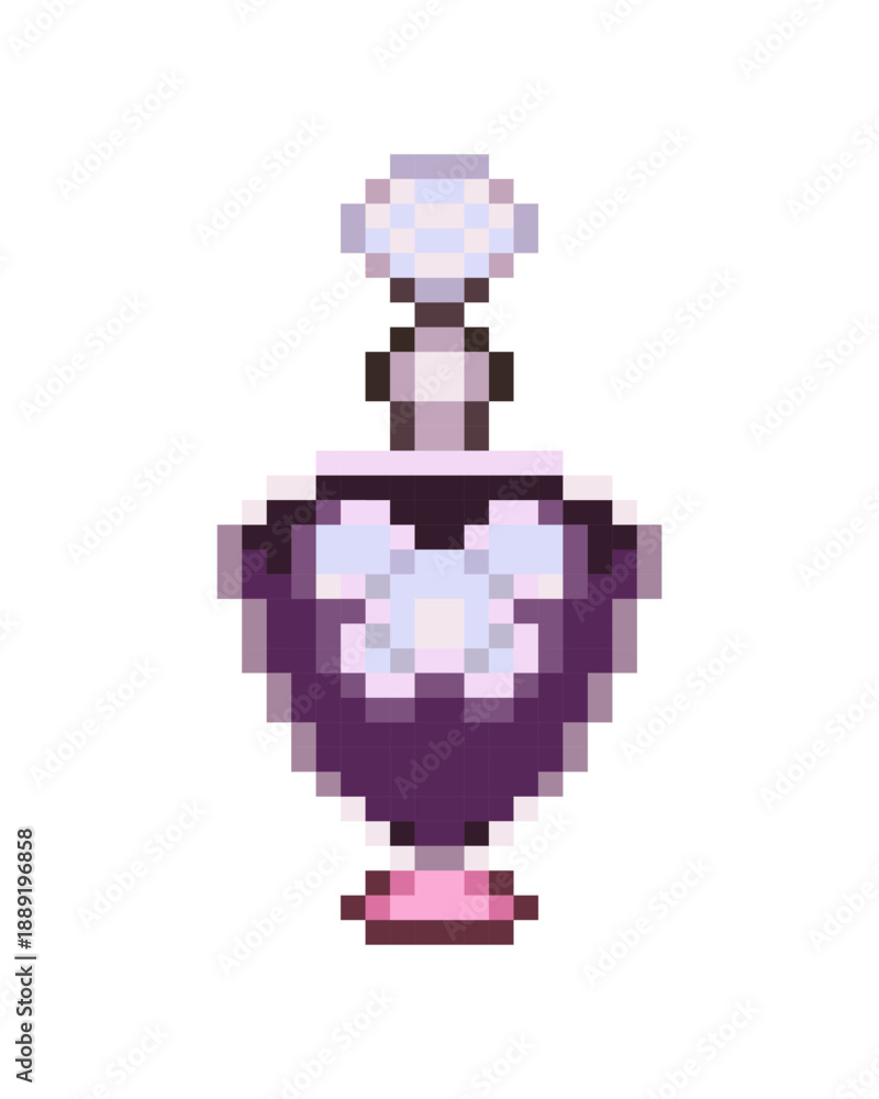 Obraz premium Vector icon for medieval-style fantasy RPG games. Alchemistry. Potion bottle with butterfly emblem in pixel art style. High narrow glass vial. Soft lavender, light blue, pastel violet purple and blush
