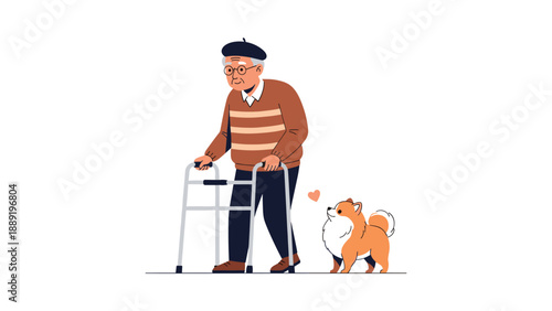 Kind elderly man with a beret and glasses using a walker while walking his small fluffy dog in a heartwarming scene.