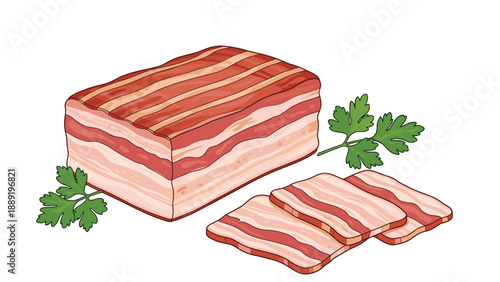 Large chunk of cured bacon slab along with three thin slices and fresh green parsley sprigs shown on a plain background.