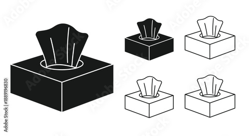 Black and white illustration of tissue boxes in varying styles