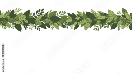 Horizontal border or divider composed of various green leaves and foliage designed for nature-themed graphic projects.
