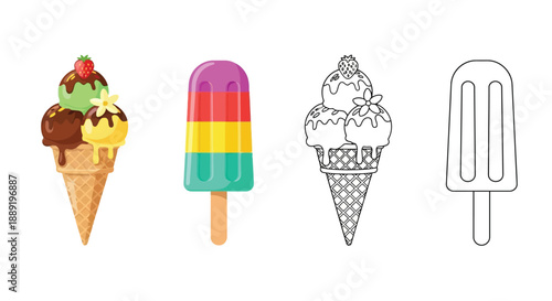 Four colorful and outlined ice cream treats arranged in a row