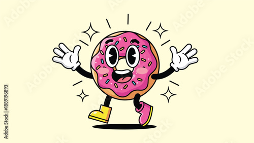 Happy cartoon donut character with a pink frosting and sprinkles running with joy and wearing colorful boots for fun.