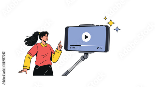 Young girl pointing towards a video playing on a smartphone attached to a selfie stick with sparkles in the background.