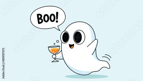 Friendly white cartoon ghost holding a glass of juice and saying boo while floating happily on a light blue background.