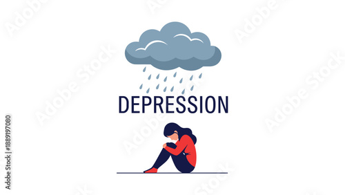 Depressed woman sits alone on the ground under a dark rain cloud representing sadness and mental health struggles.