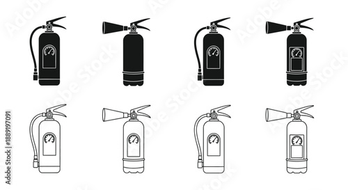 Six black and white illustrations of fire extinguishers in varying orientations