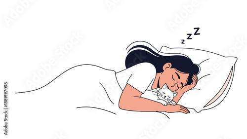 Young woman sleeps peacefully in bed while hugging her cute white cat under a warm blanket in a minimal style.