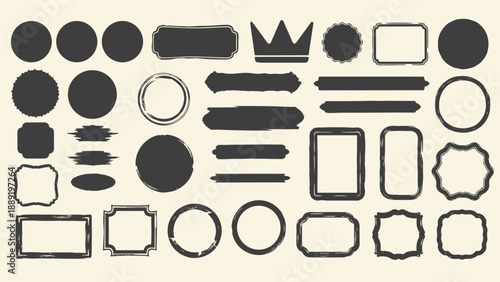 Extensive collection of dark grey frame and banner silhouettes in various shapes for digital design layouts.