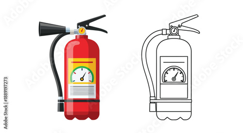 Two fire extinguishers a colored version and a line drawing