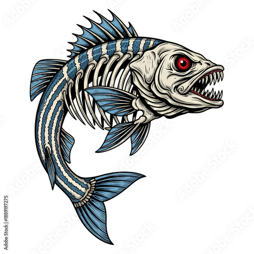 skeleton striped bass fish with sharp teeth and red eyes in aggressive cartoon mascot style
